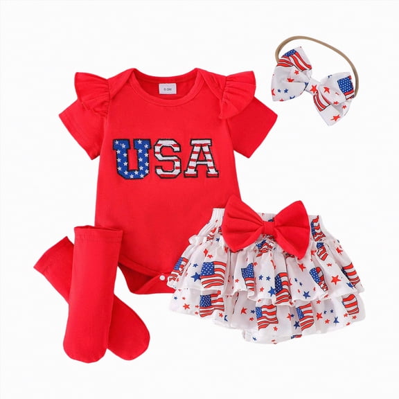 UngA First 4th of July Baby Girl Outfit Ruffle Romper Bloomers Tutu Skirt Socks Headband 4Pcs Infant Newborn Clothes Set (Red,6-9 Months)