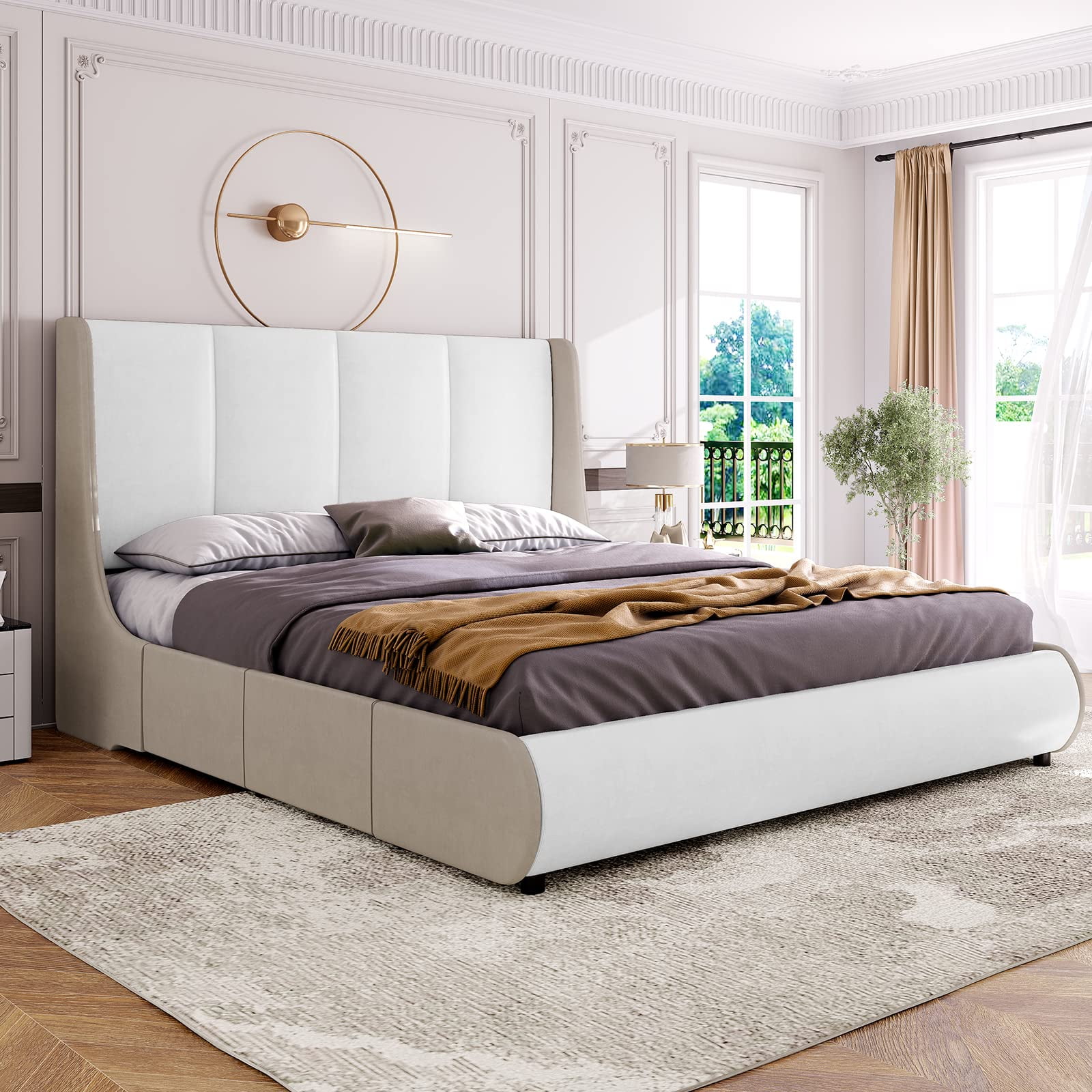 Queen Bed Frame with Wingback Headboard,Modern Upholstered Platform Bed