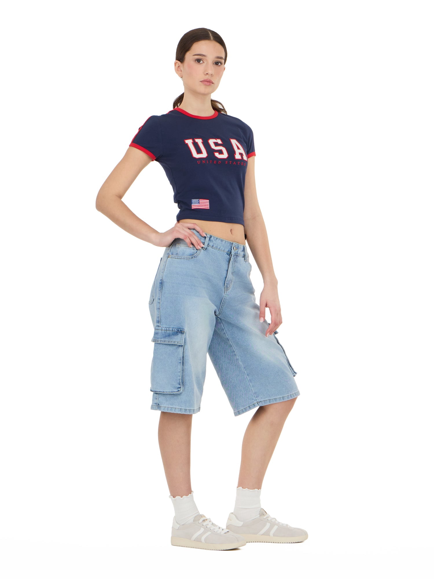 Forever 21 Women's Short Sleeve Americana USA Soccer Ringer Tee Shirt, Sizes XXS-XXL