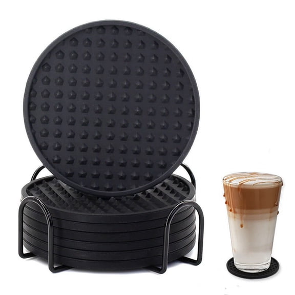 Casewin Drink Coasters Set of 6 with Holder, Silicone Coasters Tabletop Protection for Any Table Type, Wood, Glass, Stone Tables, Dishwasher Safe, Black