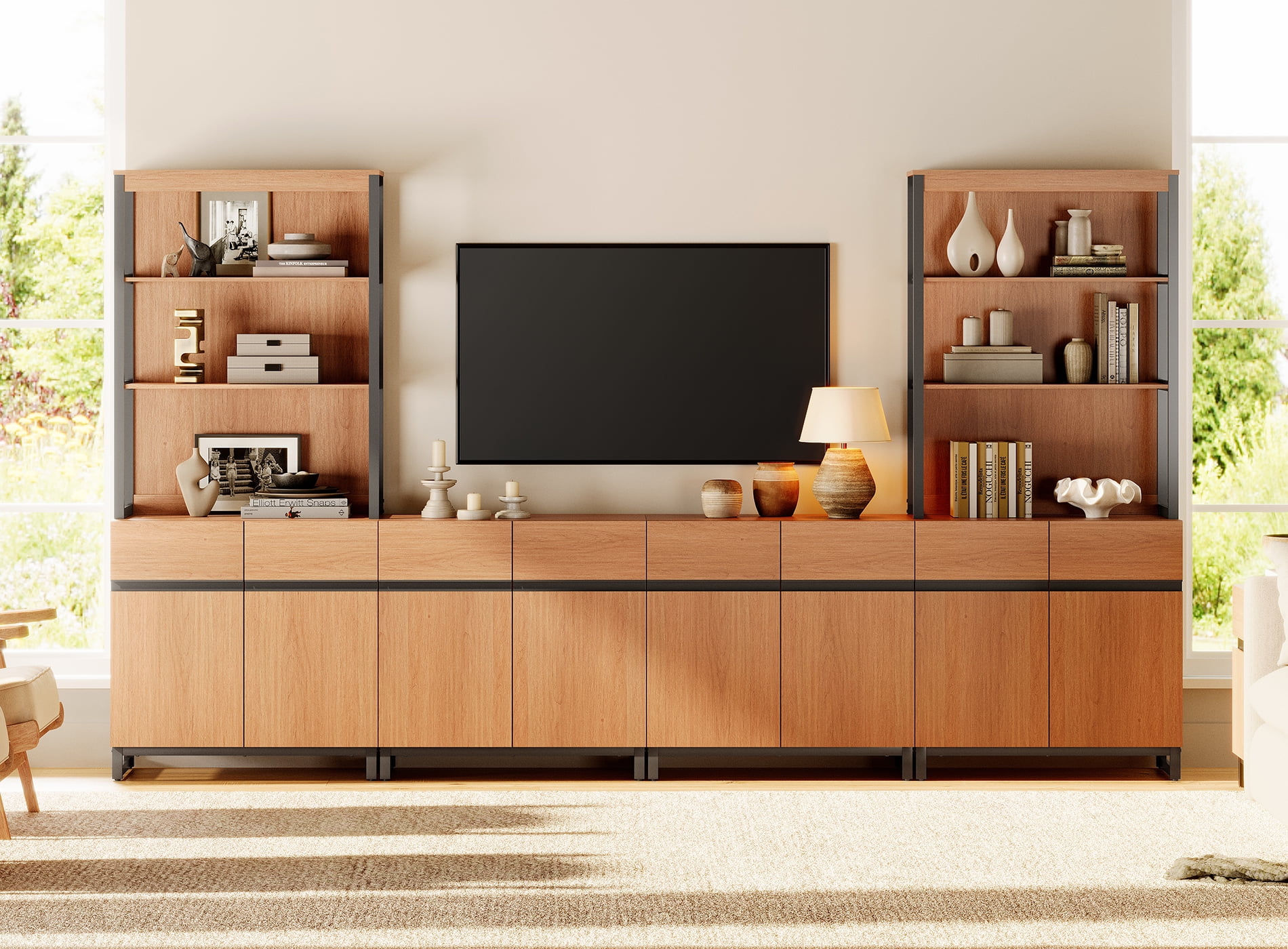 WAMPAT Modern Farmhouse TV Stand with 3-Tier Bookshelf & 4 Large Storage Cabinets, Adjustable Shelf Wooden Media Console with Black Metal Legs Entertainment Center for Living Room