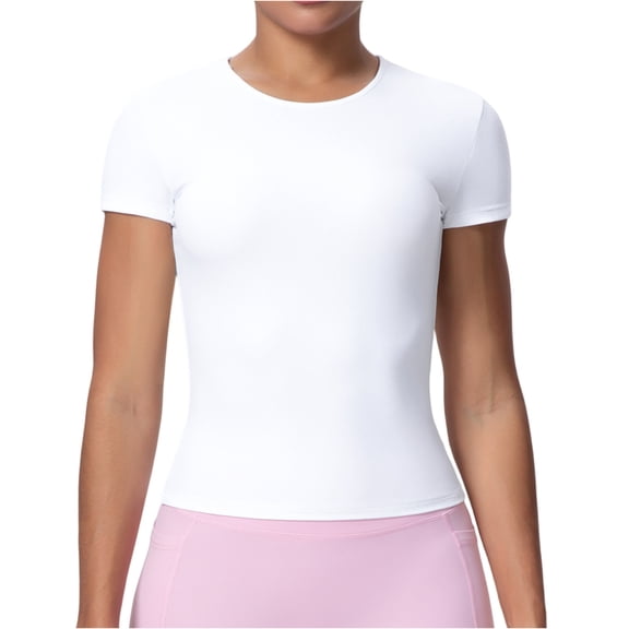 Garbnen Short Sleeve Shirts for Women Slim Fit Crew Neck Shirts for Women Basic Seamless Yoga Workout Shirts Women White XL