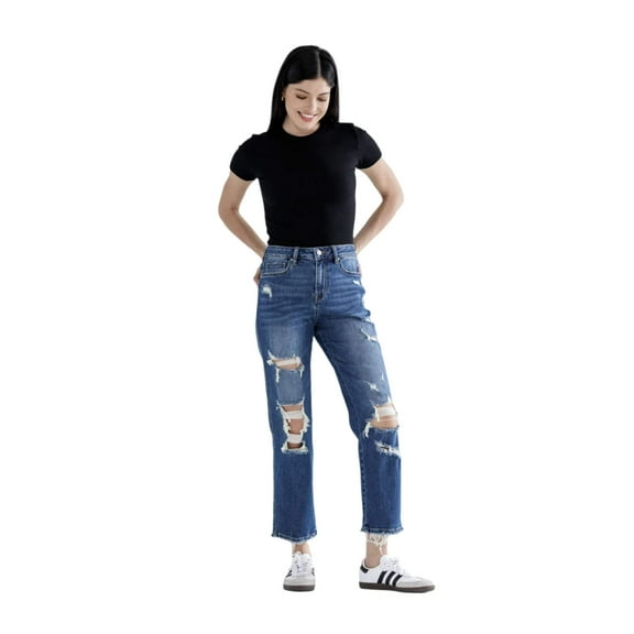 Mica Denim - High Rise Heavily Distressed Straight Crop Jeans (27.5" Inseam) - MDP-T3014M