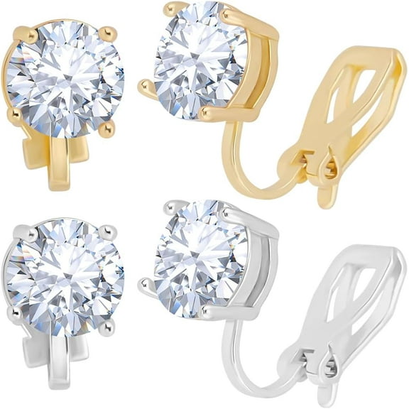8Pcs 2 Colors Clip On Cubic Zirconia Earrings 18K Gold&Platinum Plated Brass Clip-on CZ Ear Stud for Women