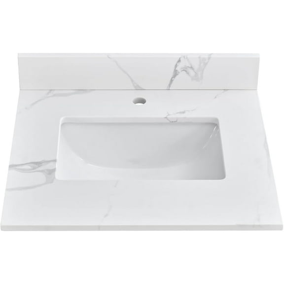 24 Inch Quartz Vanity Top , White Vanity Sink Top with Middle Sink, Pre-Drilled One Faucet Hole Countertop with Backsplash