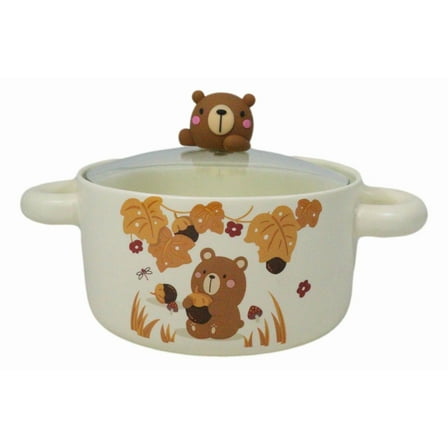 Autumn Brown Bear With Acorns Donburi Ramen Soup Bowl With Glass Lid And Handles