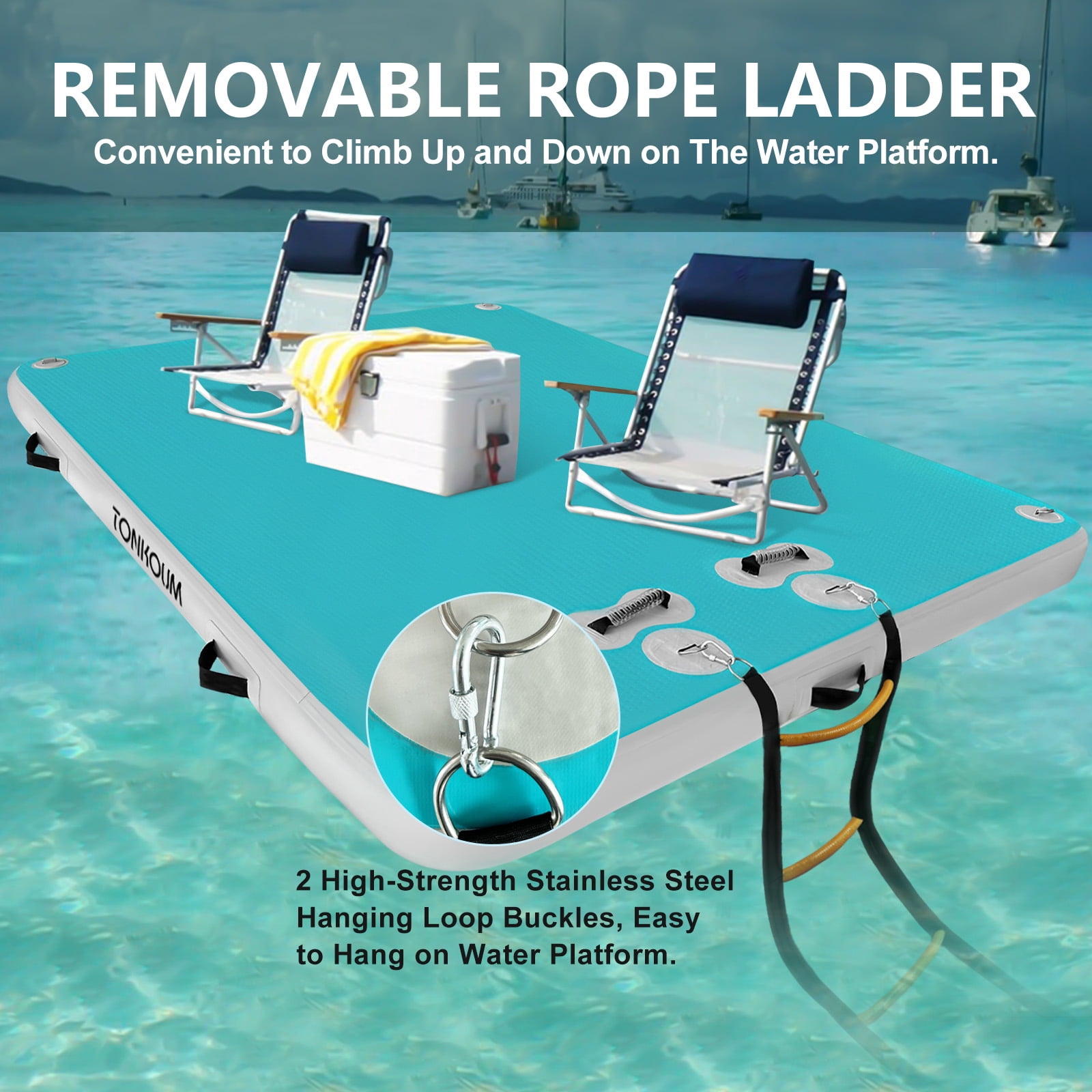 TONKOUM 8 x 5.25FT Floating Dock Inflatable Water Platform For Lake/Boat/Island/Pool (Lake Blue & Gray)