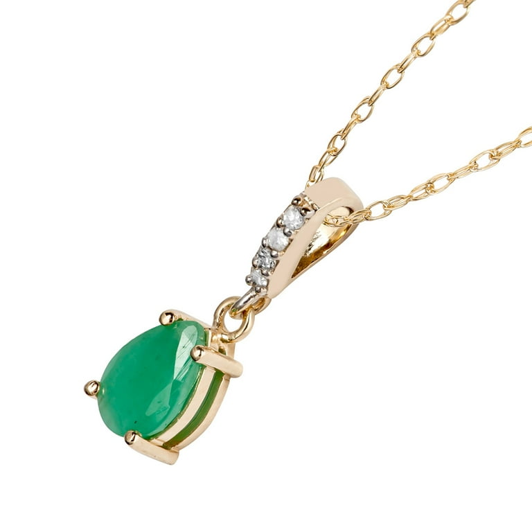 10k Yellow Gold Emerald & Diamond Pendant Necklace - Genuine Pear Emerald Drop Pendant