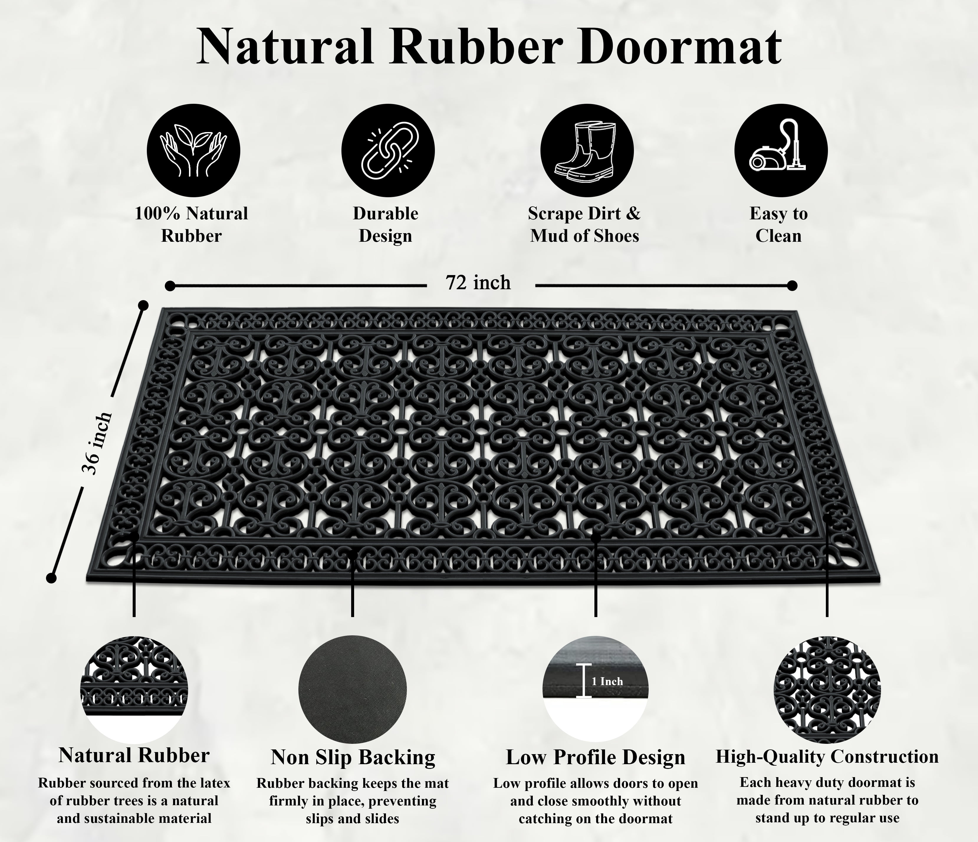 A1HC 34lb Heavy Duty Rubber Doormat 36"x72" - Won't Blow Away, Outdoor Front Door Mat, Mud Dirt Scraper, Non-Slip Drainage Mat for Entryway Patio Garage