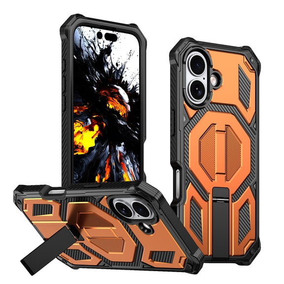 ELEHOLD For iPhone 17 Magnetic Case, Rugged Heavy Duty Fold Stand Shockproof Cover Mag-Safe Charging,Orange