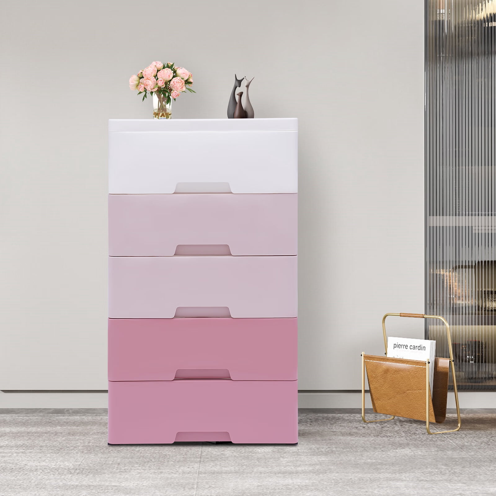 Loyalheartdy 5-Layer Dresser Storage Cabinat Plastic Drawers  w/ Wheels Bedside Table Organizer for Clothes Toys (Pink)