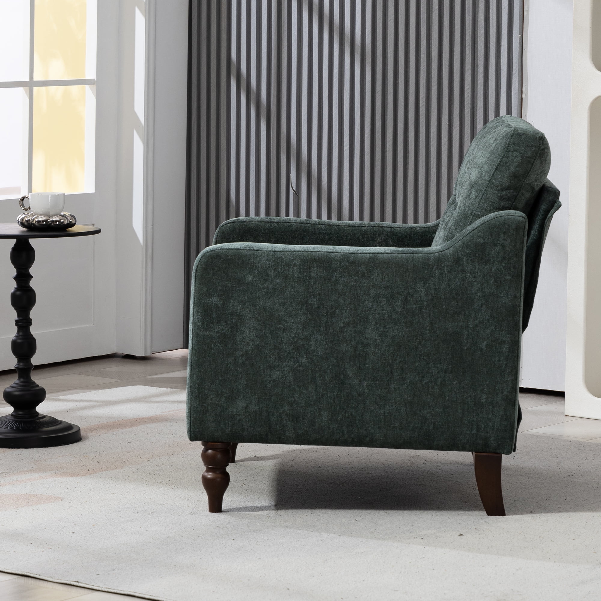 Comfortable armchair with USB charging port, ergonomic wide backrest, vintage wooden legs, comfortable upholstered armchair with side storage for living room bedroom