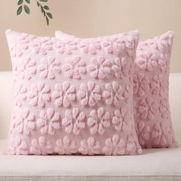 Spring Summer Throw Pillow Covers 18 x 18 Inch Set of 2, Farmhouse Decorative Floral Daisy Soft Faux Fur Cushion Covers, 3D Pillow Cases for Couch Bedroom Living Sofa Room Home Decor, Pink