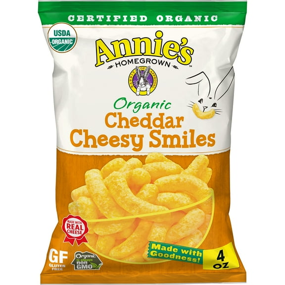 Annie's Organic Cheddar Cheesy YPF5 Smiles, Baked Corn Puffs, Gluten Free, 4 oz