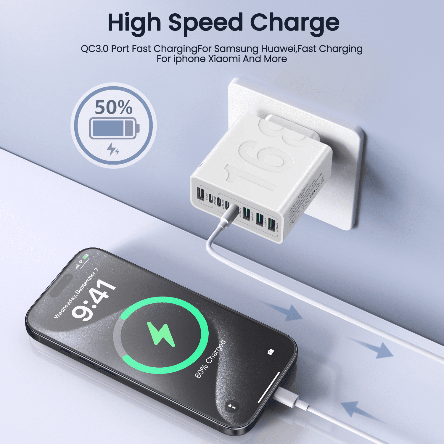 FOBIANJIE - Eight-Port USB-C and USB-A Wall Charger, Type-C Charger, Cubic Design Power Adapter, Multi-Port Plug, White/Black/Yellow – Compatible with iPhone, iPad, AirPods, Samsung Galaxy, Note, Pix