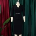 thumbnail image 3 of AURA Plus Size Belted Pencil Midi Dress Large Lapel Collar High Waist 3 4 Sleeve Elegant Office Dress with Zipper, 3 of 10