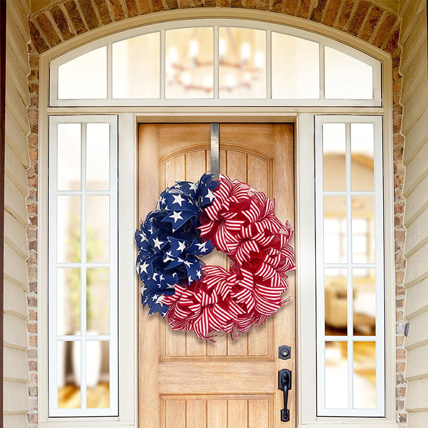 Independence Day Wreath Mother's Day Tulip Wreath for Front Door Decor Handmade Memorial Patriotic 4th of July American Floral Vines Garland Ornaments 