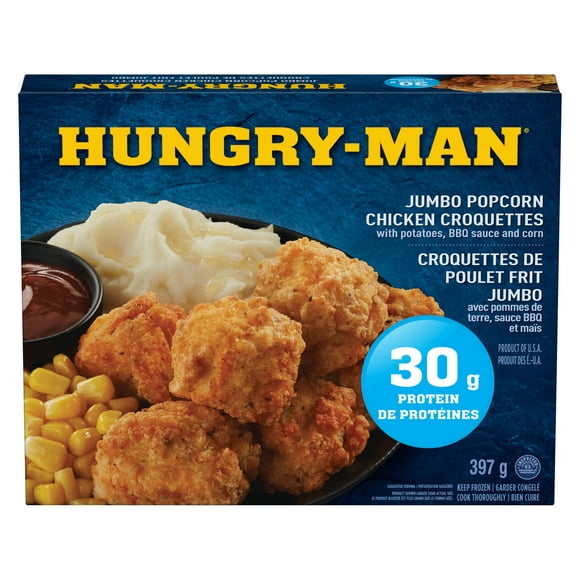 Hungry-Man Jumbo Popcorn Chicken Croquettes, 397 grams, A high in protein jumbo popcorn chicken croquette frozen meal with mashed potatoes, BBQ sauce and corn
