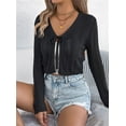 thumbnail image 2 of Women'S Tie Front Long Sleeve Scalloped Crop Cardigan Knit Top Black L, 2 of 8