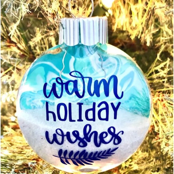 Beach Christmas Ornament – 2.76" Shatterproof Plastic Coastal Holiday Ball in Blue and Beige – Seaside Themed Tree Decoration with Hanging Loop for Tropical Christmas Decor