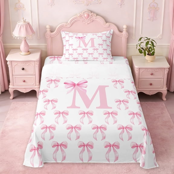 Erosebridal Pink Letter D Personalized InitialTwin Sheet Sets For Kids,Girly Bowknot Bedding 3-Piece