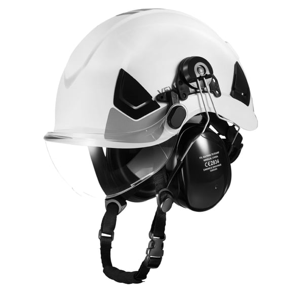 Industrial Safety Helmet with Visor and Earmuffs, Adjustable Vented Hardhat for Construction, Woodworking, Manufacturing, Forestry, and Elevated Work, ANSI/ISEA Z89.1 & CE EN 397 Certified