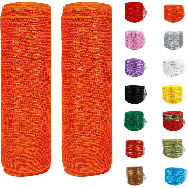 2 Rouleaux Ruban Maille Rouge, Déco de Noël Maille 10 Pouces x 30 Pieds Chaque Rouleau, Ruban Métallique Rouge avec Feuille pour Décorations de Sapin de Noël Décorations de Fête d'Halloween Couronnes Artisanales, Naranja