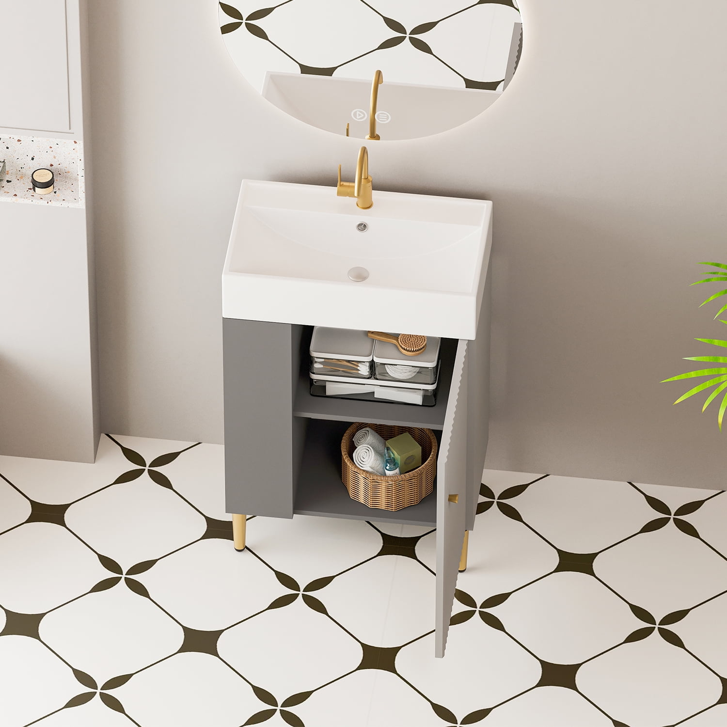 Demi Bonn 21" Bathroom Vanity with Ceramic Sink and Soft-Closing Door, Cloakroom Open Shelf Storage Cabinet on the Left Side, Faucets and Drains Not Included, Gray