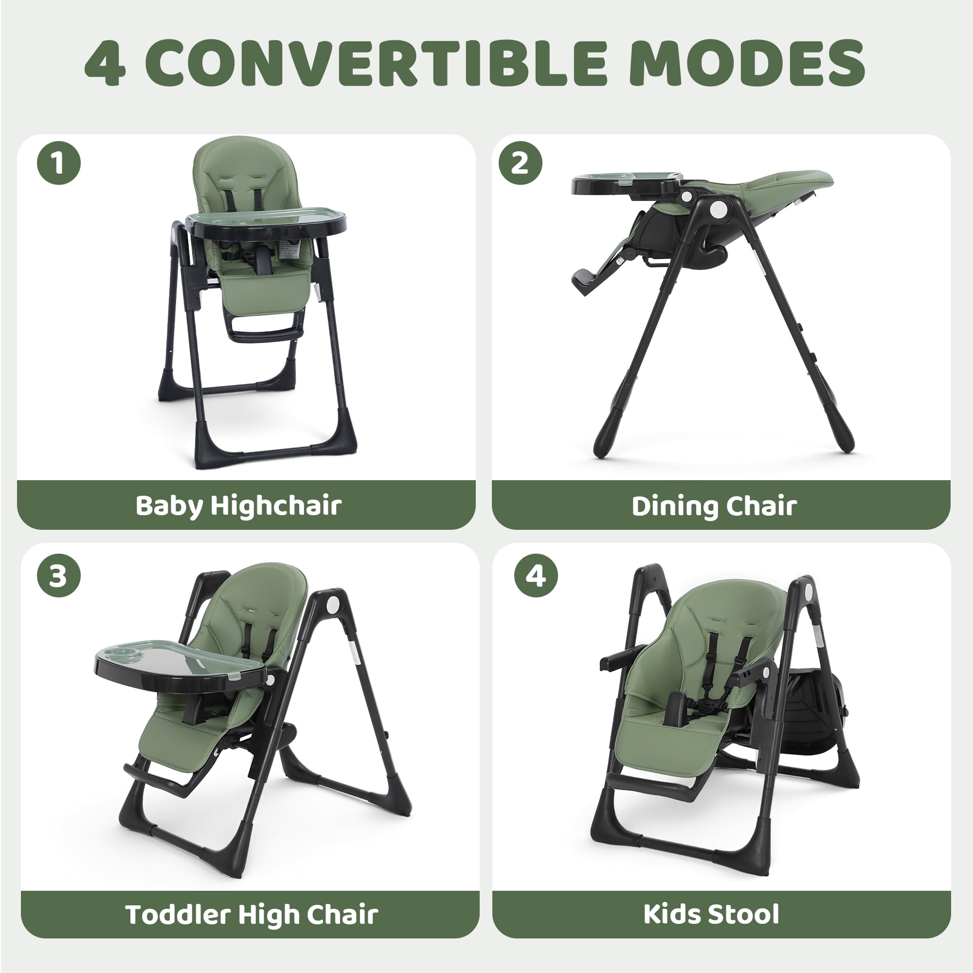 AILEEKISS Foldable High Chair for Baby, Toddler Eating Chair with Detachable Double Trays, Green