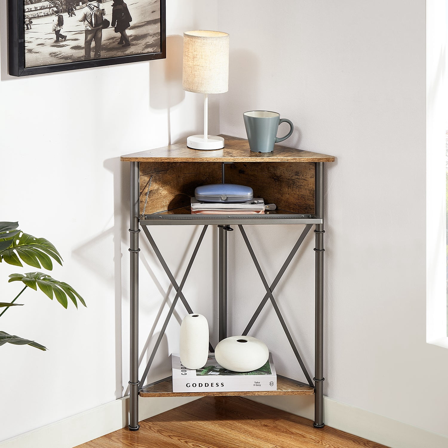 VECELO Corner Storage Cabinet with Flip Drawer and Shelf, Triangle X-Shaped Freestanding Floor Cabinet, Gray