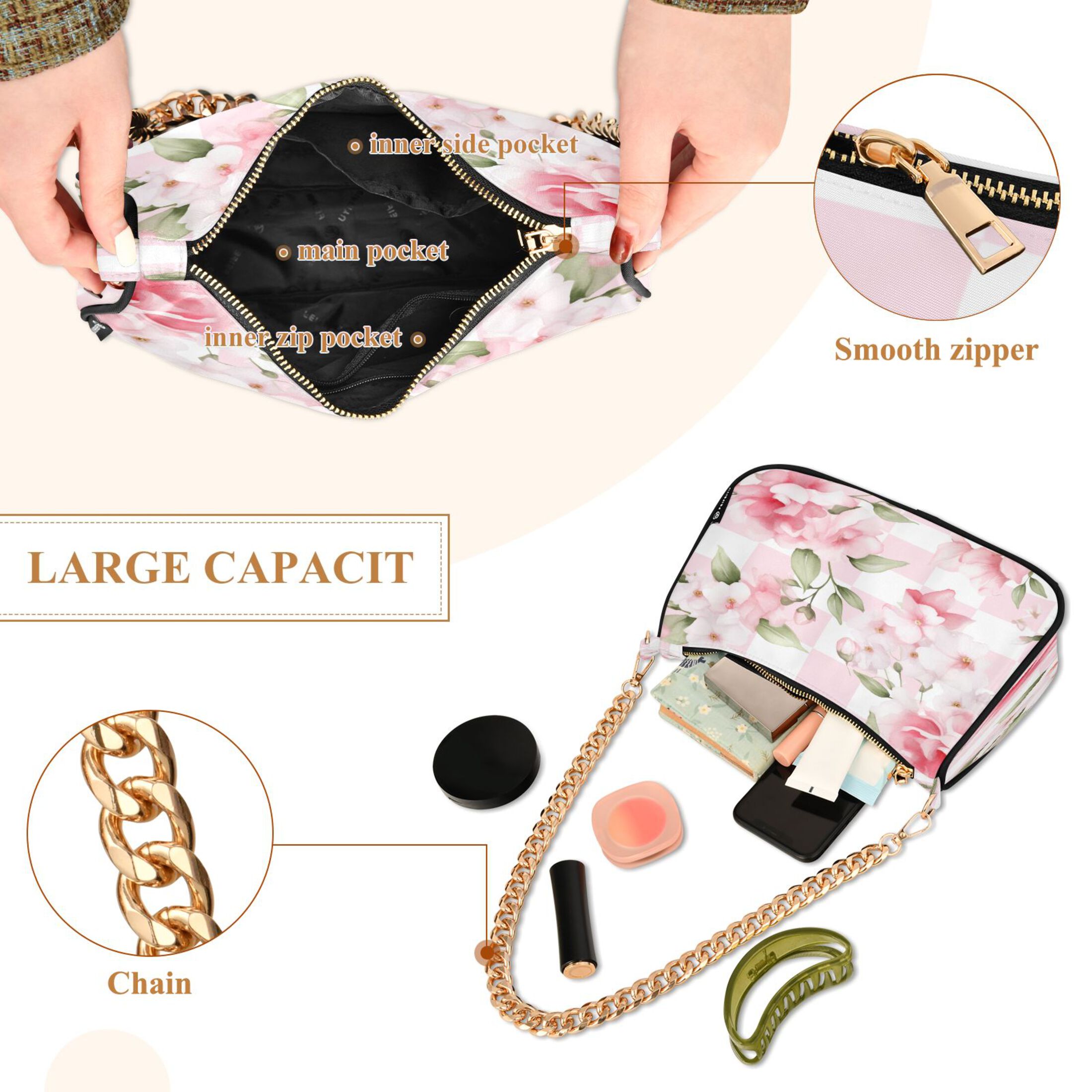 Ryvnso Peony Flowers Pink Womens Chain Shoulder Bag Tote Handbags Clutch Hobo Purse with Zipper for Travel