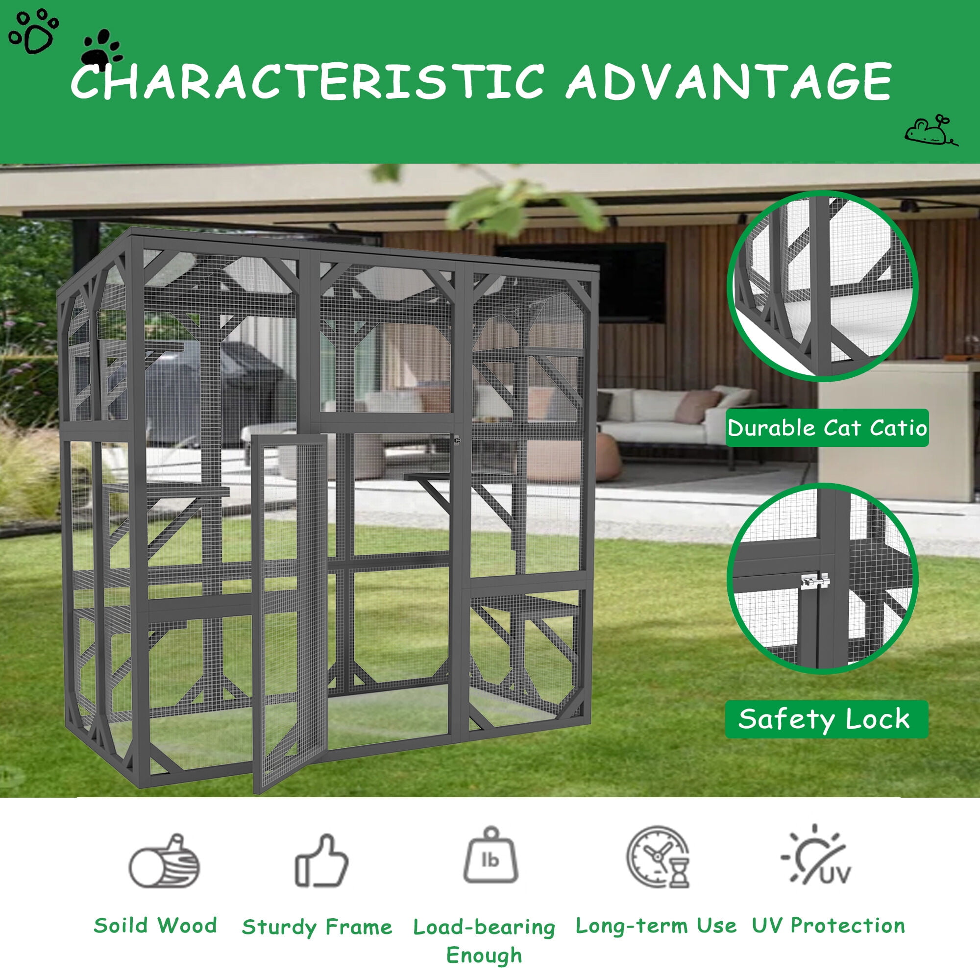 Pet Pens & Hutches Catio Outdoor Cat Enclosure Cat House Wooden Cat Cage Large Feral Cat Shelter for Mulitiple Cats with Six Platforms, Large Enter Door, Waterproof Roof 60" Grey,Dog Pens