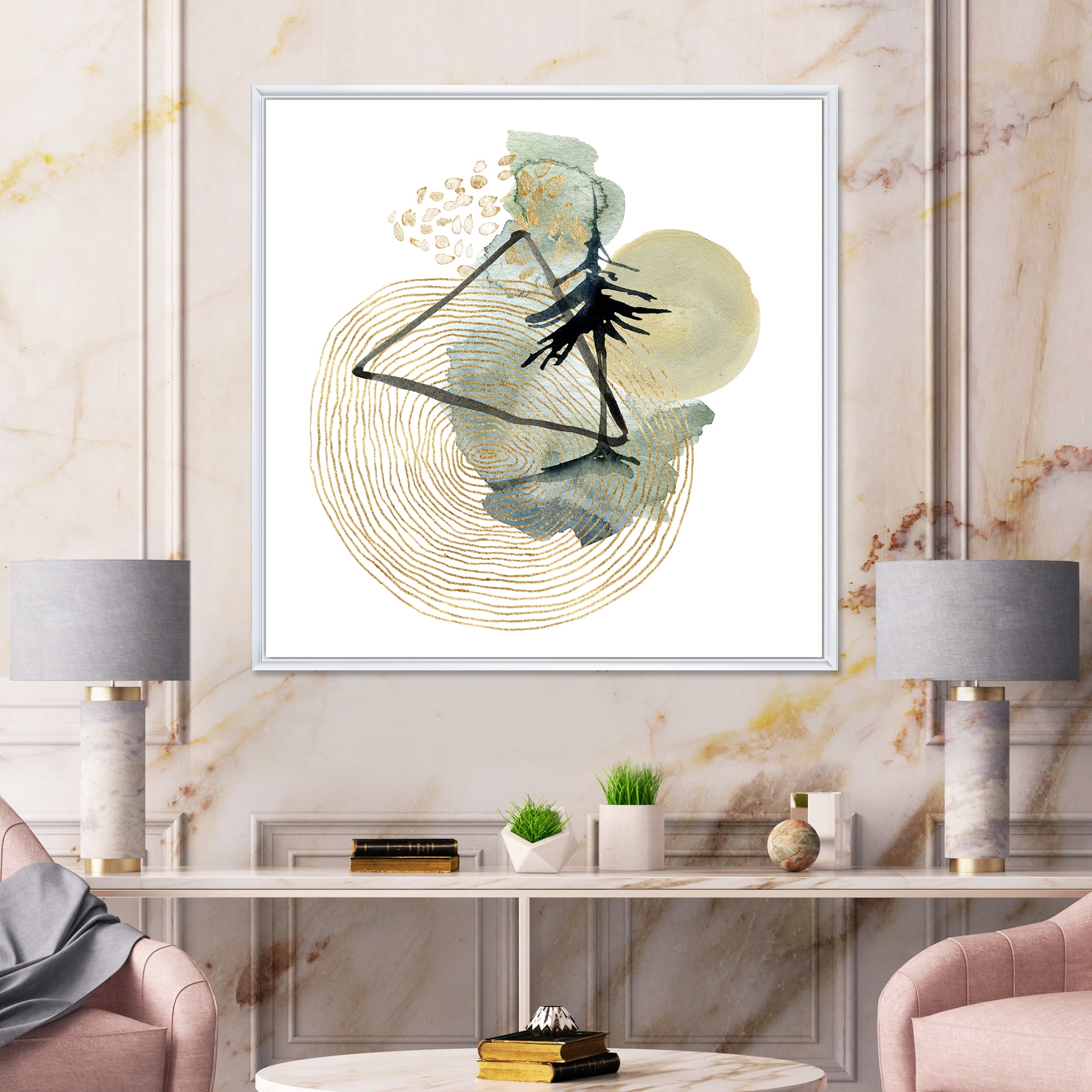 Designart 'Abstract Landscape Of Mountains Tree and Moon' Mid-Century Modern Framed Canvas Wall Art Print