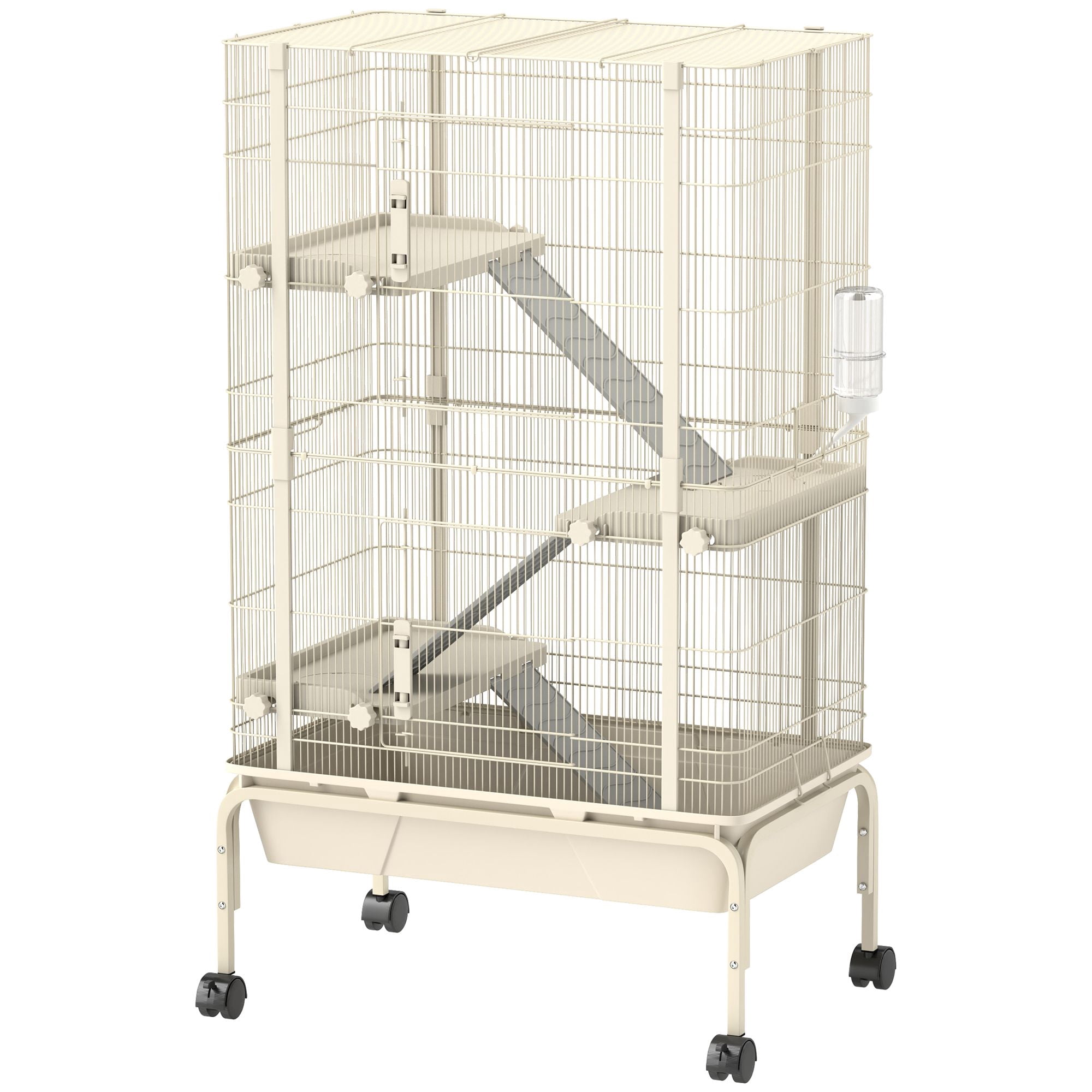 47 Inch Ferret Cage 4 Levels Large Rolling Metal Enclosure with Deep Tray Ramps Water Bottle and Food Dish Beige