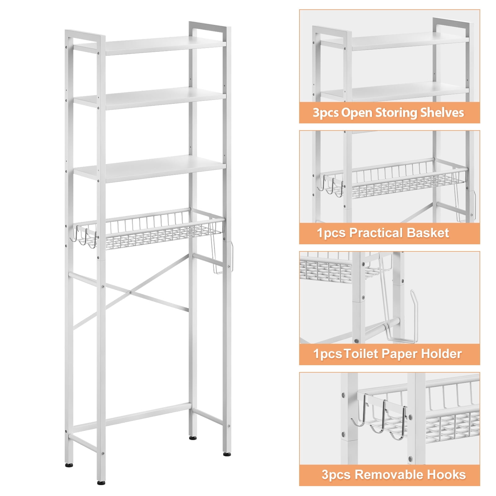 Biemlerfn Over The Toilet Storage Shelf, 4-Tier Wooden Bathroom Organizer Adjustable Saver Space Rack with Toilet Paper Holder, Pure White