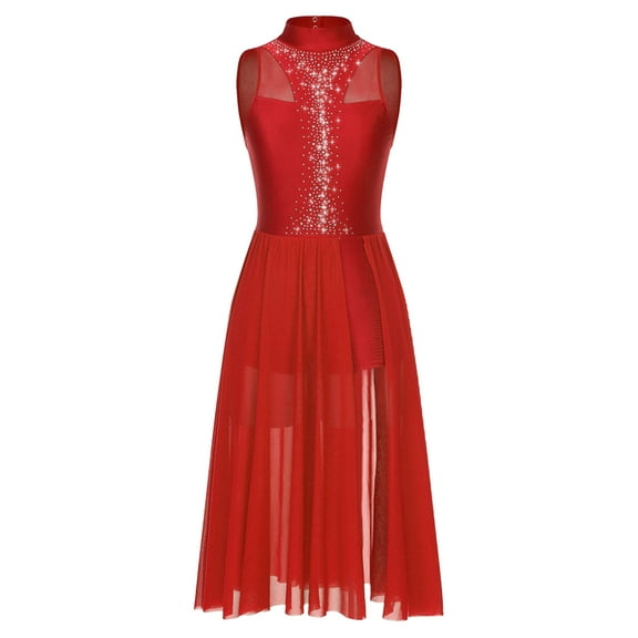 Haitryli Women Giltter Rhinestone Lyrical Dance Dress Split Hem Modern Contemporary Dancewear Red XL