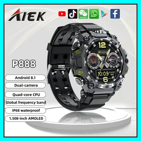 AIEK 4G Sports Smart Watch Android 8.1 Quad-core 4GB RAM 64GB ROM Dual-camera Wifi GPS Waterproof Outdoor Smartwatch
