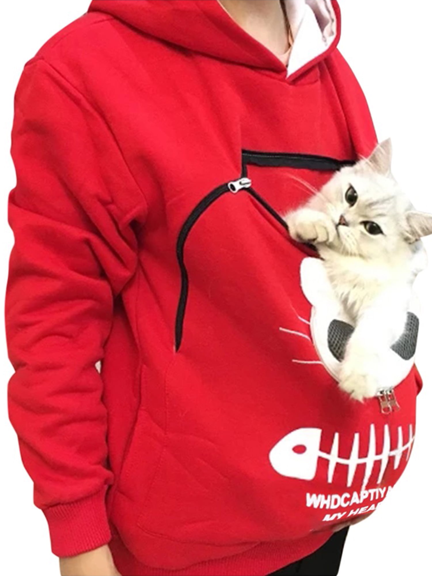 Unisex Pet Carrier Hoodie Sweatshirt Womens Cat Dog Big Pouch Holder Ear Hooded Pullover Shirts
