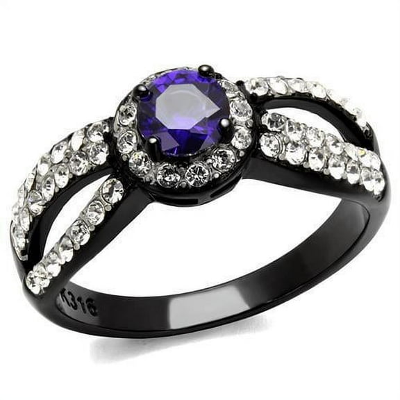 Two-Tone IP Black (Ion Plating) Stainless Steel Ring with AAA Grade CZ in Tanzanite for Women Tanzanite Stone Color Style TK2653 Size 10