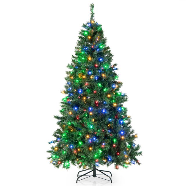 Costway 7FT Pre-Lit Hinged Christmas Tree w/ 350 Multi-Color Lights & 3-Minute Quick Shape No Fluffing Required
