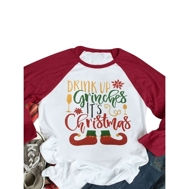 DYMADE Women Merry Christmas Baseball T Shirts Long Sleeve Raglan Plaid Truck Tree Graphic Splicing Top