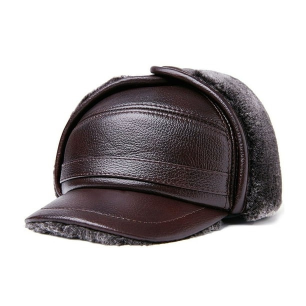 Guardurnaity Gorros de invierno de cuero de mediana edad forro polar cálido orejeras sombrero estilo Vintage sombrero térmico caminar al aire libre Sombreros Rojo marrón L{55-56} Guardurnaity AP013136-13