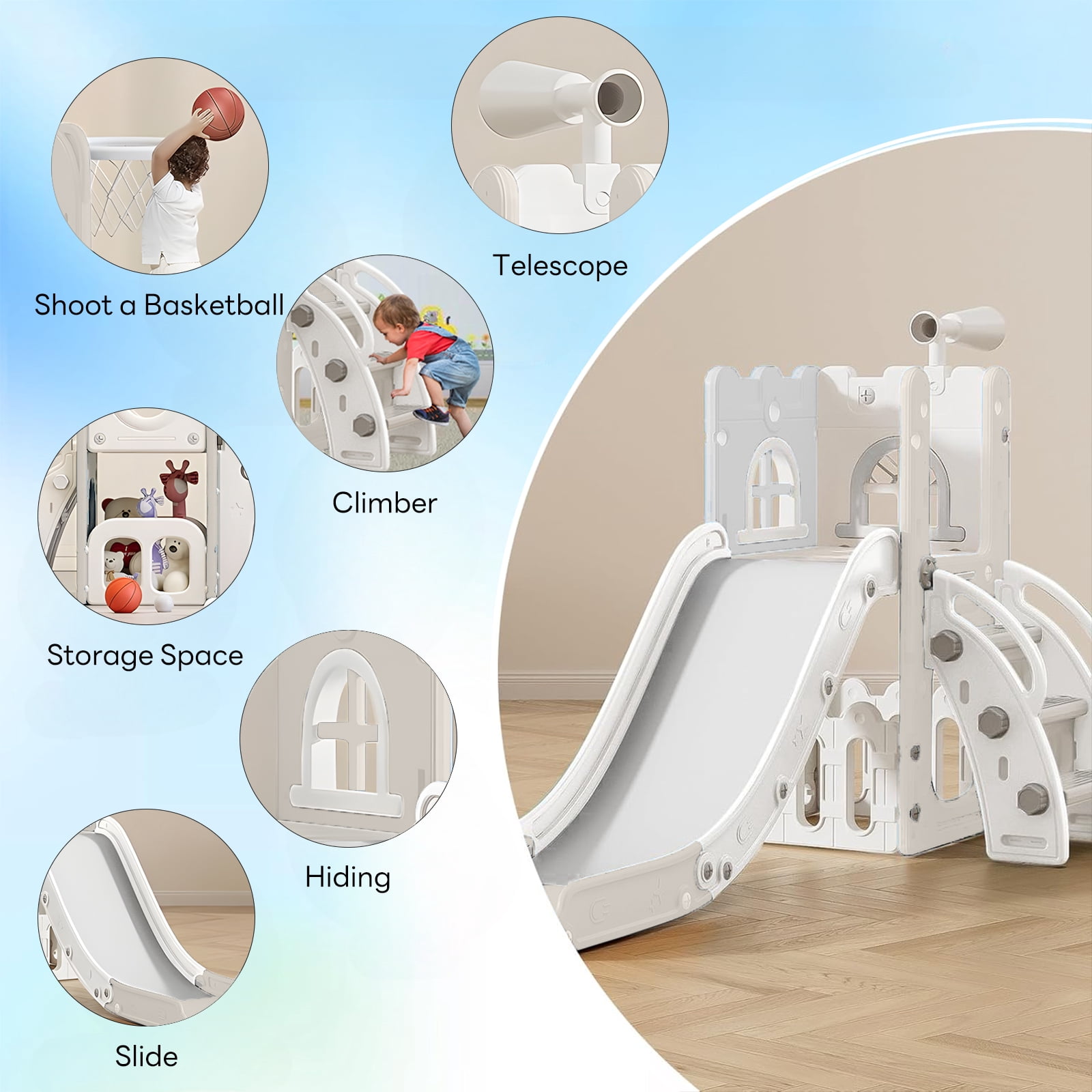 6 in 1 Kids Indoor Slide for Toddlers 1-3,Grey,Baby Slide for Indoor Outdoor with Basketball Hoop and Telescope,L Shaped Slide