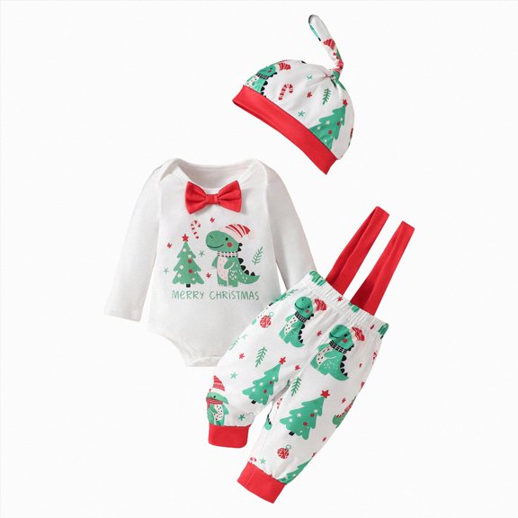 NOLDARES My First Christmas Outfit Baby Boy Girl Bodysuit Clothes Romper with Bow Tie Suspender Pants Santa Hat 3pcs Sets,0-3 M