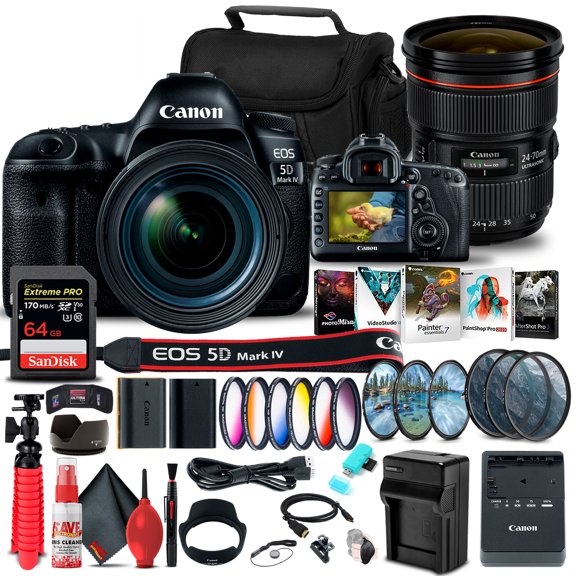 Canon EOS 5D Mark IV DSLR Camera with 24-70mm F4L Lens 1483C018 Canon EF 24-70mm F2.8L II USM Lens 5175B002 64GB Memory Card Color Filter Kit Filter Kit LPE6 Battery International Model