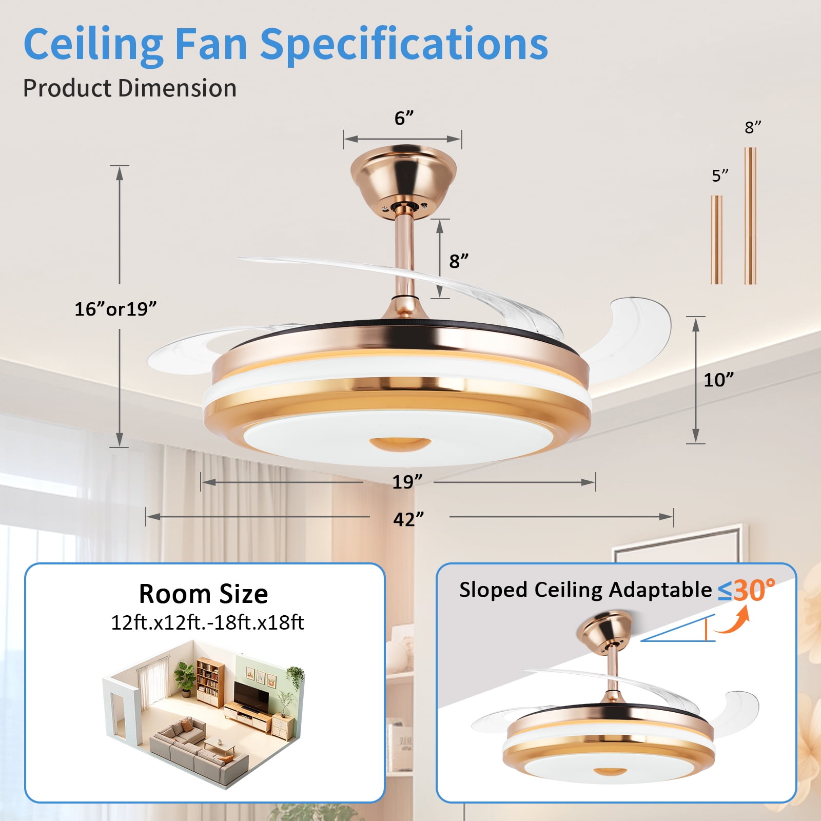 Smart Retractable Ceiling Fan with Light, 42 Inch Fandelier Remote Control, 3 Color Temperature Dimmable LED, 6 Speed Quiet Reversible DC Motor for Bedroom Living Room Kitchen