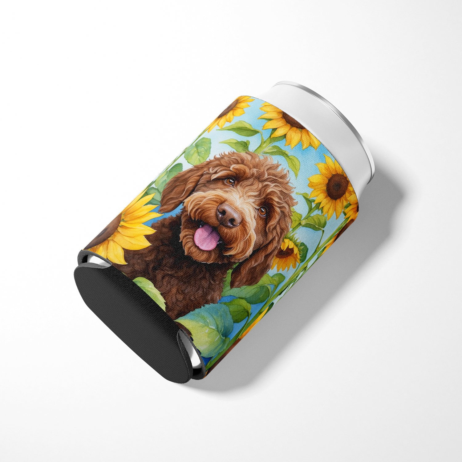 Labradoodle in Sunflowers Can or Bottle Hugger 3 in x 5 in