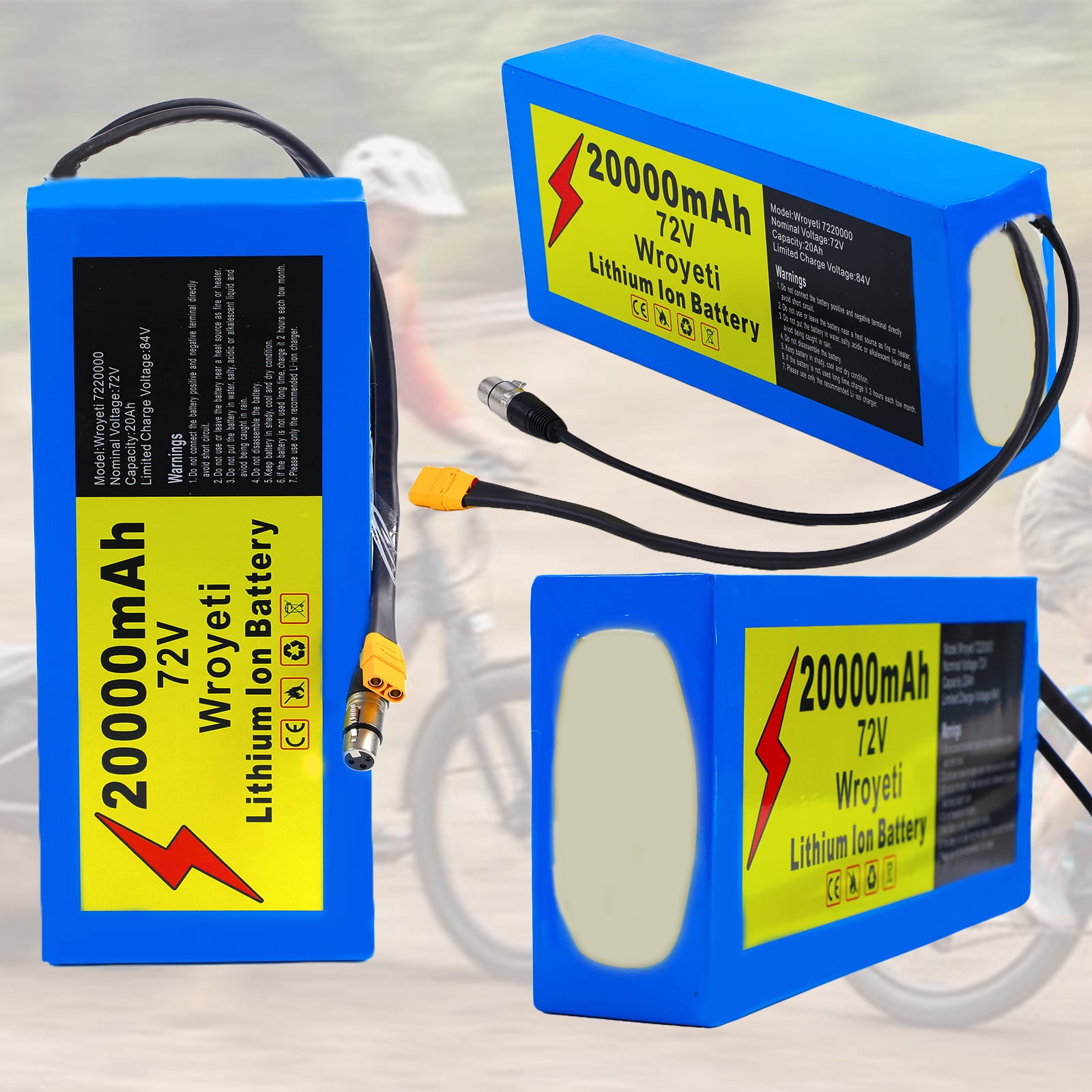 72V 20Ah Ebike Battery 72V Battery 72V Lithium Ion Battery 72V Electric Bike Battery with 3A Charger, XT60 Extension Cord, XT90 Connector for 200-3000W Electric Bicycles Motor