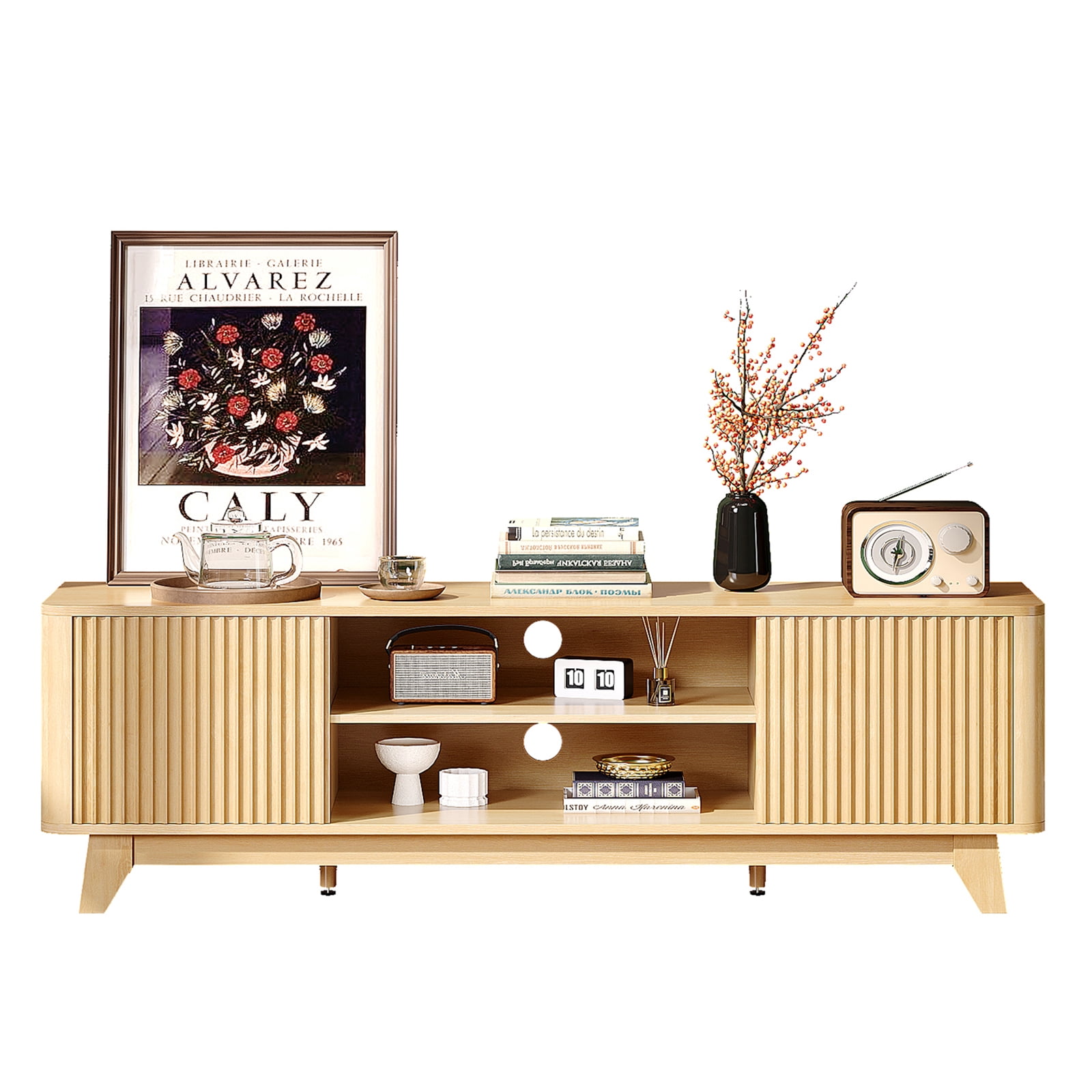 Ktaxon Modern TV Stand for 55/60/65 Inches TVs, 58" Television Media Console Wood Entertainment Center with 2 Fluted Doors & Adjustable Shelves for Living Room, Bedroom, Home, Light Walnut