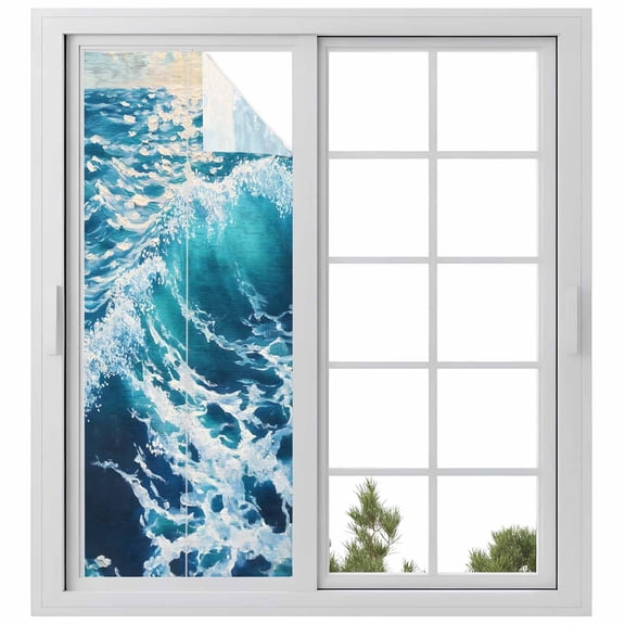 Blue Teal Coastal Window Privacy Film, Sea Nautical Ocean Summer Beach Static Cling UV Sun Blocking Heat Control Window Tint Day and Night, Non-Adhesive One Way Windows Privacy Cover 29.5''x78.7''